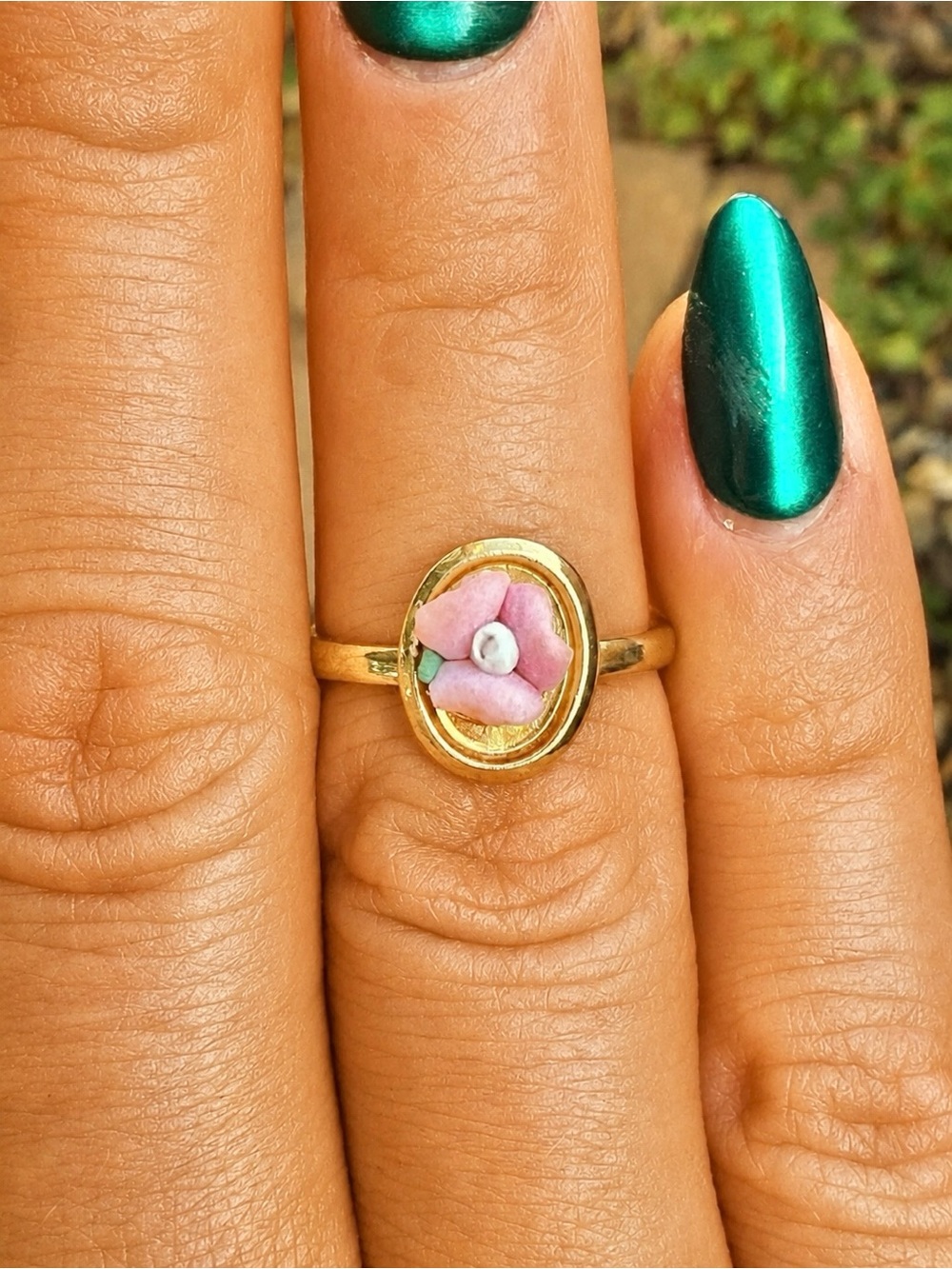 Vintage Pink Flower Adjustable Ring | Gold Tone | Raised Floral | Cottagecore